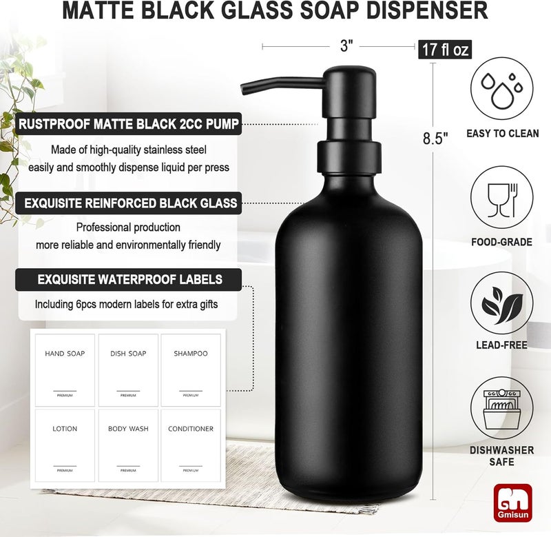 Gmisun Black Soap Dispenser, 2 Pack Matte Black Hand Soap Dispensers Bathroom with Stainless Steel Pump, 17 Fl Oz Glass Dish Soap Dispenser Set for Kitchen, Modern Liquid Soap Bottle with Labels - Image 3